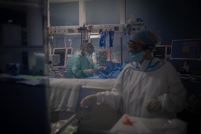 Archivo - Arxiu - Treballadors sanitaris protegits atenen un pacient a l'UCI