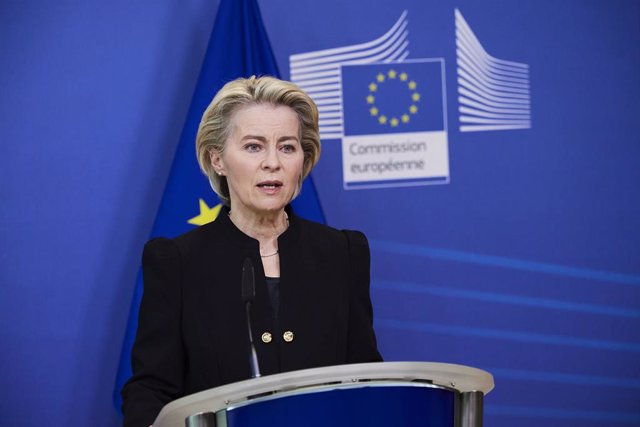 HANDOUT - 11 January 2022, Belgium, Brussels: President of the European Commission Ursula von der Leyen gives a press statement on the passing of David Sassoli, President of the European Parliament. Sassoli has died at the age of 65. Photo: Dati Bendo/Eur