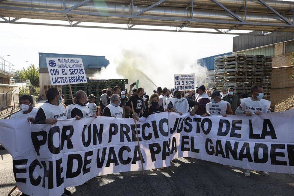 Archivo - Protesta del sector lechero  ante la sede de Puleva para reclamar unos precios justos 