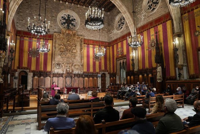 La alcaldesa de Barcelona, Ada Colau, en la apertura de la conferencia 'La preservació de la democrcia i els drets fonamentals a Europa'.