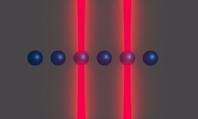 Dos iones atrapados (en azul) se seleccionan con pinzas ópticas (en rojo). Se puede implementar una puerta cuántica entre los iones usando campos eléctricos.