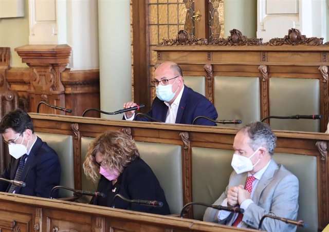 El concejal de Movilidad y Espacio Urbano del Ayuntamiento de Valladolid, Luis Vélez (en la fila superior), interviene en el Pleno municipal del mes de febrero.