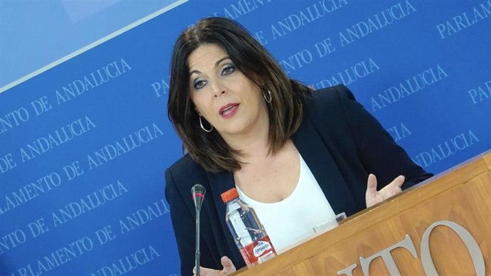 La portavoz del Grupo Socialista en el Parlamento andaluz, Ángeles Férriz, en rueda de prensa en el Parlamento.