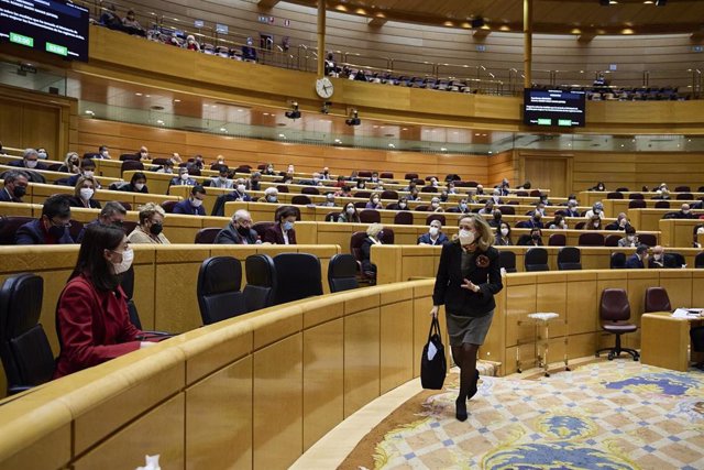 Archivo - La vicepresidenta primera del Gobierno y ministra de Asuntos Económicos y Transformación Digital, Nadia Calviño (c), a su salida de una Sesión de Control en el Senado, a 21 de diciembre de 2021, en Madrid (España). El Senado celebra su última se