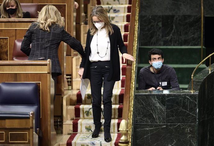 La portavoz de Izquierda Unida en el Parlamento asturiano, Ángela Vallina, baja las escaleras en una sesión plenaria, en el Congreso