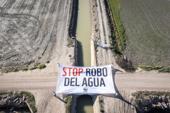 Archivo - Despliegue de la pancarta 'Stop robo del agua' en Doñana en una iniciativa de WWF.