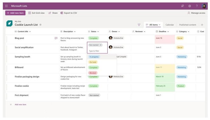 Captura de Microsoft Lists