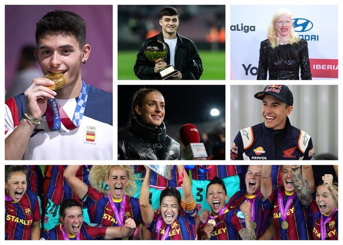 Nominados españoles a los Premios Laureus 2022. De izquierda a derecha y de arriba abajo; el escalador Alberto Ginés, el futbolista Pedri, la atleta Susana Rodríguez, la futbolista Alexia Putellas, el piloto de MotoGP Marc Márquez y el Bara Femení