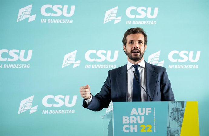 02 February 2022, Berlin: Pablo Casado, chairman of the Spanish Partido Popular party, speaks at the start of the closed-door meeting of the CSU parliamentary group at the German Bundestag. The traditional winter retreat was supposed to take place at th