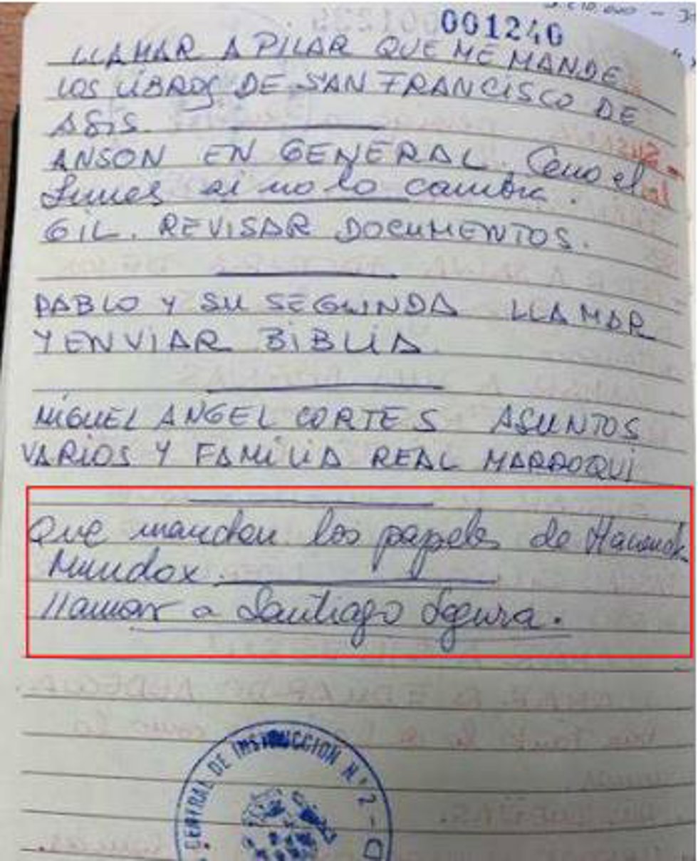 Un extracto de las agendas de José Luis Moreno en el que se menciona al actor Santiago Segura