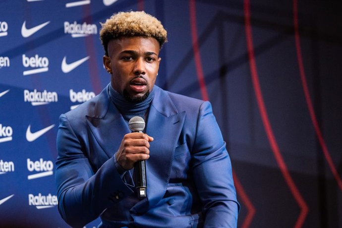 Adama Traore attends during his presentation as new player of FC Barcelona at Camp Nou stadium on February 2, 2022, in Barcelona, Spain.