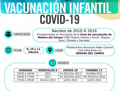 Llamados para la segunda dosis los niños de 2010 a 2016 en Peñafiel,  Rioseco y Medina, del 8 al 11 de febrero