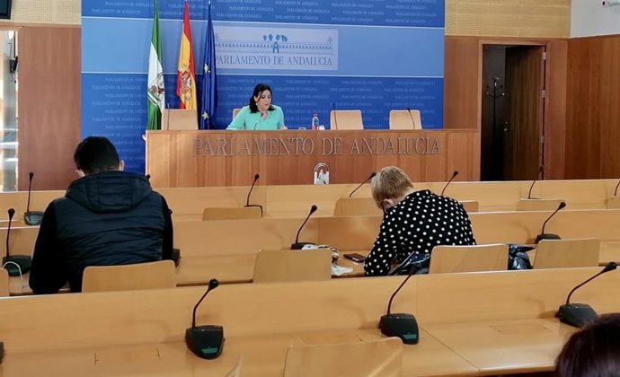 La portavoz del Grupo Socialista en el Parlamento andaluz, Ángeles Férriz, en rueda de prensa.