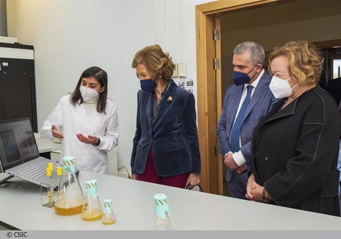 La Reina Sofía al Centro de Investigaciones Biológicas Margarita Salas del CSIC, acompañada por la presidenca del CSIC, Rosa Menéndez y el presidente de la Fundación Primafrio,  Juan Conesa, y la investigadora  Isabel Pardo.