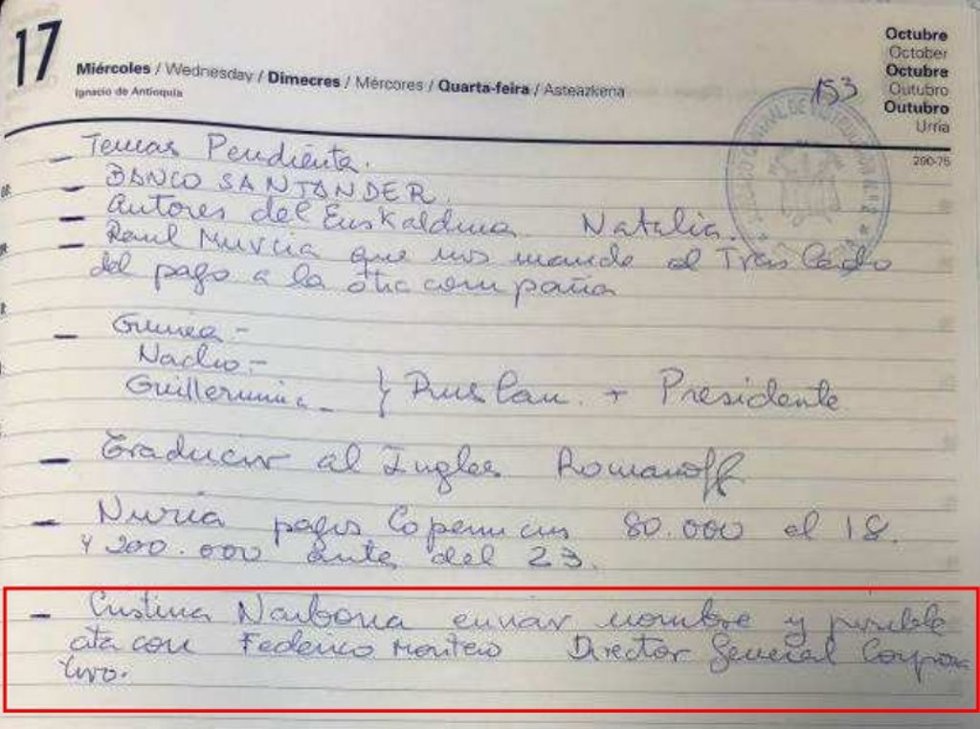 Extracto de las agendas personales del productor de televisión José Luis Moreno sobre la presidenta del PSOE, Cristina Narbona.