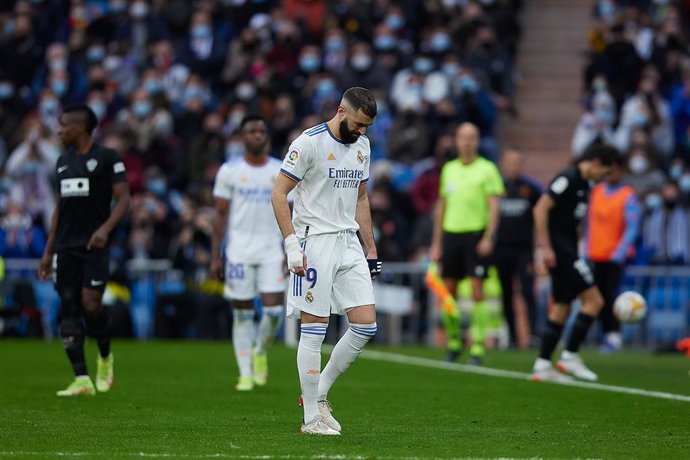 Karim Benzema of Real Madrid laments during the spanish league, La Liga Santander, football match played between Real Madrid and Elche CF at Santiago Bernabeu stadium on January 23, 2022, in Madrid, Spain.