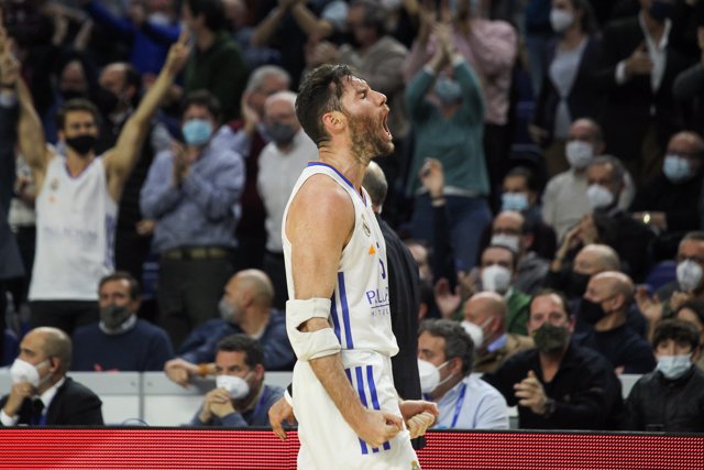 Rodolfo Fernandez Farres "Rudy" of Real Madrid celebrates during Turkish Airlines Euroleague basketball match between Real Madrid and Olympiacos Pirae at Wizink Center on February 02, 2022 in Madrid, Spain.