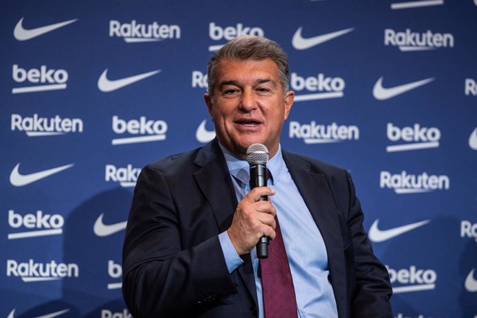 Joan Laporta, President of FC Barcelona, attends during the presentation of Adama Traore as new player of FC Barcelona at Camp Nou stadium on February 2, 2022, in Barcelona, Spain.