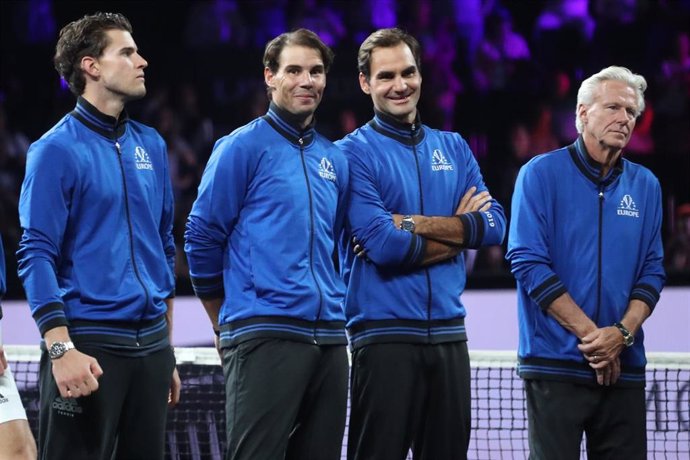 Archivo - Rafael Nadal y Roger Federer junto a Dominic Thiem y Bjorn Borg durante la Laver Cup 2019