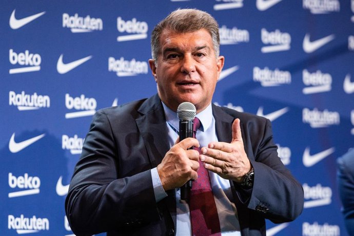 Joan Laporta, President of FC Barcelona, attends during the presentation of Adama Traore as new player of FC Barcelona at Camp Nou stadium on February 2, 2022, in Barcelona, Spain.