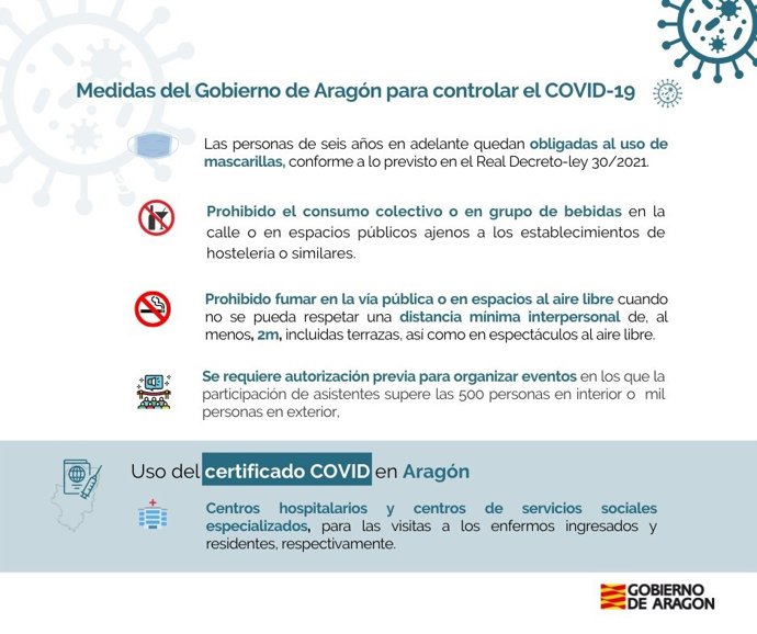 Aragón suprime restricciones en horarios y aforos y deja el pasaporte COVID para visitas a enfermos ingresados en hospitales y residencias.