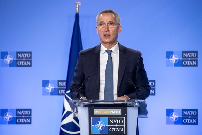 HANDOUT - 03 February 2022, Belgium, Brussels: NATO Secretary General Jens Stoltenberg and North Macedonian Prime Minister Dimitar Kovacevski (not pictured) hold a press conferece after their meeting. Photo: -/NATO/dpa - ATTENTION: editorial use only an