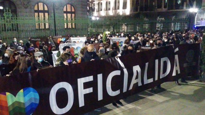 Concentración por la oficialidad entre la sede de Presidencia del Principado y la Junta General