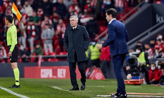 Carlo Ancelotti, coach of Real Madrid, looks on during the Spanish Copa del Rey football match played between Athletic Club and FC Barcelona at San Mames stadium on February 3, 2022 in Bilbao, Spain.