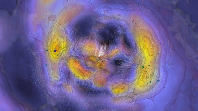 Corte del universo local que muestra las órbitas que han seguido las galaxias en blanco y los contornos de las regiones de alta densidad en tonos de amarillo anaranjado. La Vía Láctea aparece cerca del centro.