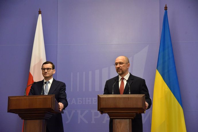 01 February 2022, Ukraine, Kyiv: Ukrainian Prime Minister Denys Shmyhal (R)holds a joint press conference with Polish Prime Minister Mateusz Jakub Morawiecki. Photo: -/Ukrinform/dpa