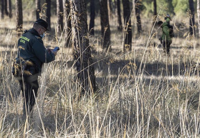 Un guardia civil en mitad de las batidas vecinales que ha organizadas por el cuerpo para localizar a la desaparecida de Traspinedo, a 29 de enero de 2022 en Traspinedo, Valladolid, Castilla y León (España). 