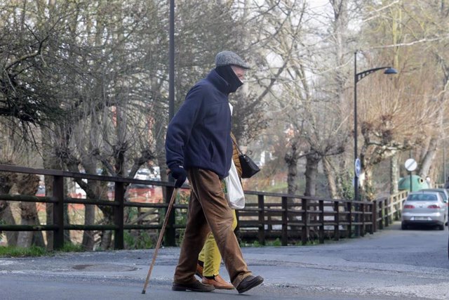 Un hombre con bastón camina por el Parque Dos Condes donde su laguna se ha congelado por las bajas temperaturas en Monforte de Lemos, a 26 de enero de 2022, en Lugo, Galicia (España).
