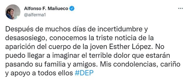 Tuit de condolencias de Alfonso Fernández Mañueco.