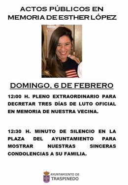 Cartel del Ayuntamiento de Traspinedo en el que se convoca el pleno extraordinario y el minuto de silencio por Esther López