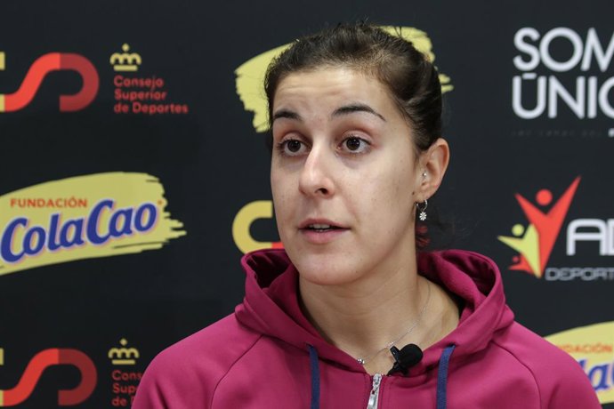 Carolina Marin attends during an interview for Europa Press in an act against bulling at CSD building on January 23, 2022, in Madrid, Spain.