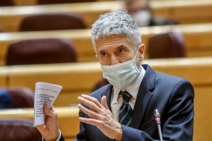 El ministro de Interior, Fernando Grande-Marlaska, interviene en una sesión de control al Gobierno, en el Senado, a 1 de febrero de 2022, en Madrid (España). 