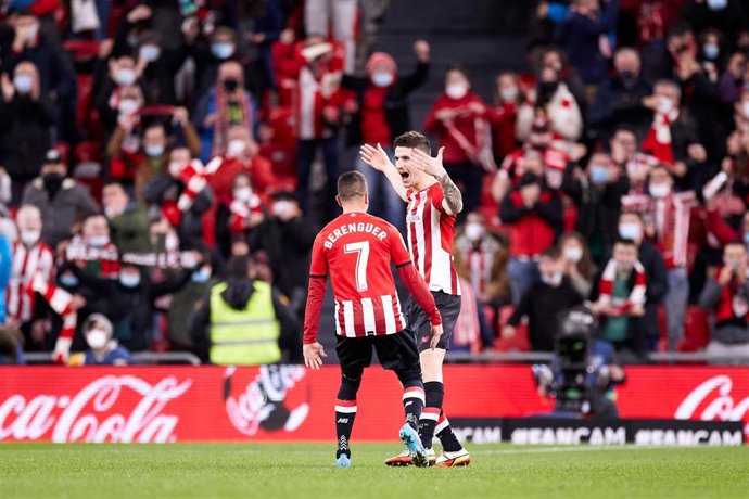 Oihan Sancet and Alex Berenguer of Athletic Club reacts after scoring goal during the Spanish league match of La Liga Santander, between Athletic Club and RCD Espanyol at San Mames on 7 of February, 2022 in Bilbao, Spain.
