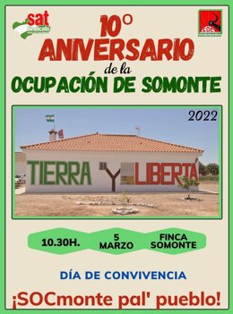 Cartel anunciador del 'Día de convivencia' que organiza el SAT para conmemorar el 10 aniversario de la ocupación de Somonte.