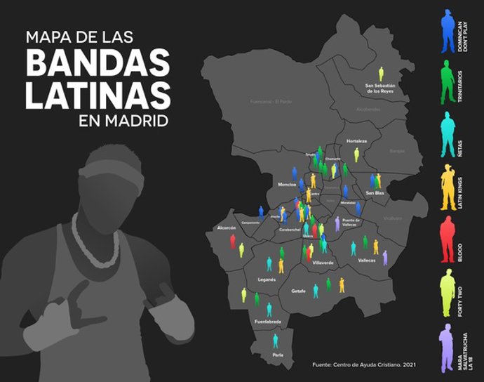 Archivo - Mapa de bandas tatinas en Madrid, según el II Observatorio de Bandas Latinas en la Comunidad de Madrid realizado por el Centro de Ayuda Cristiano.