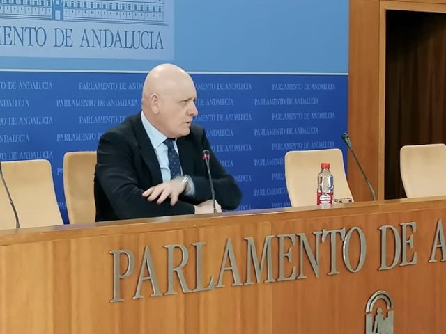 El portavoz adjunto del PSOE en el Parlamento de Andalucía, Gerardo Sánchez, este martes en rueda de prensa.