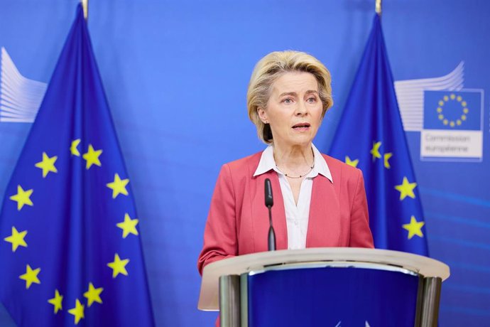 HANDOUT - 08 February 2022, Belgium, Brussels: President of the European Commission Ursula von der Leyen speaks during a press conference after a weekly meeting of the European Commission. Photo: Claudio Centonze/European Commission/dpa - ATTENTION: edi