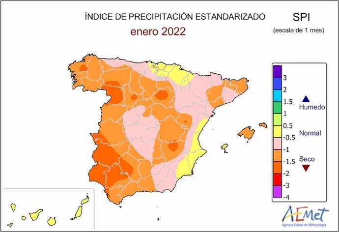 Mapa del índice de precipitaciones en España.