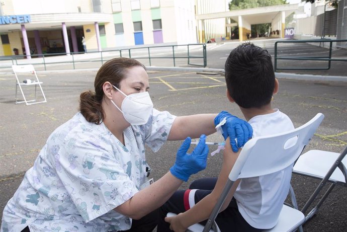 Un niño es vacunado en el CEIP Tíncer de Santa Cruz de Tenerife, a 4 de febrero de 2022, en Santa Cruz de Tenerife, Tenerife, Islas Canarias (España). Las consejerías de Sanidad y de Educación, Universidades, Cultura y Deportes del Gobierno de Canarias 