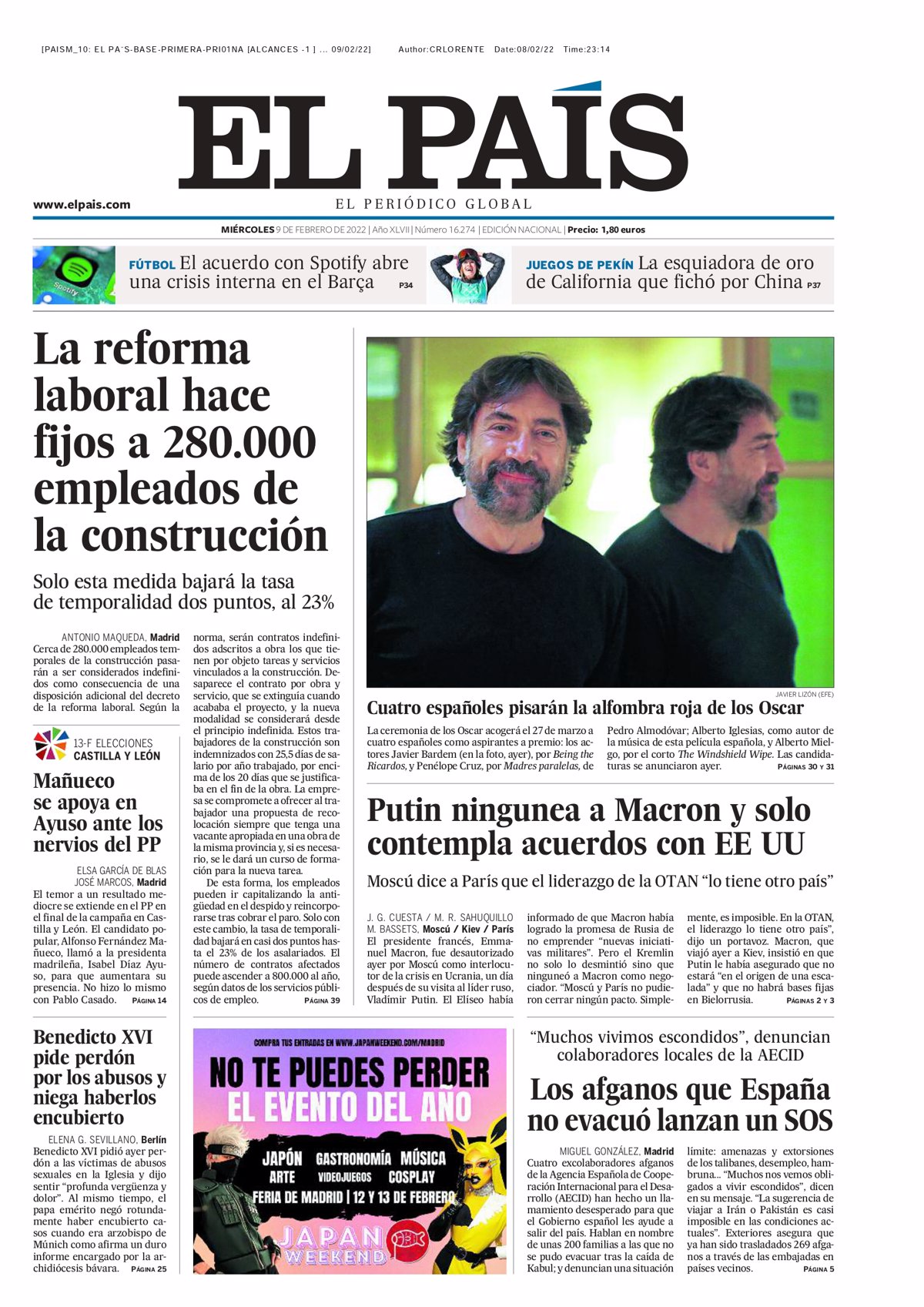 Portadas de los periódicos del miércoles 9 de febrero