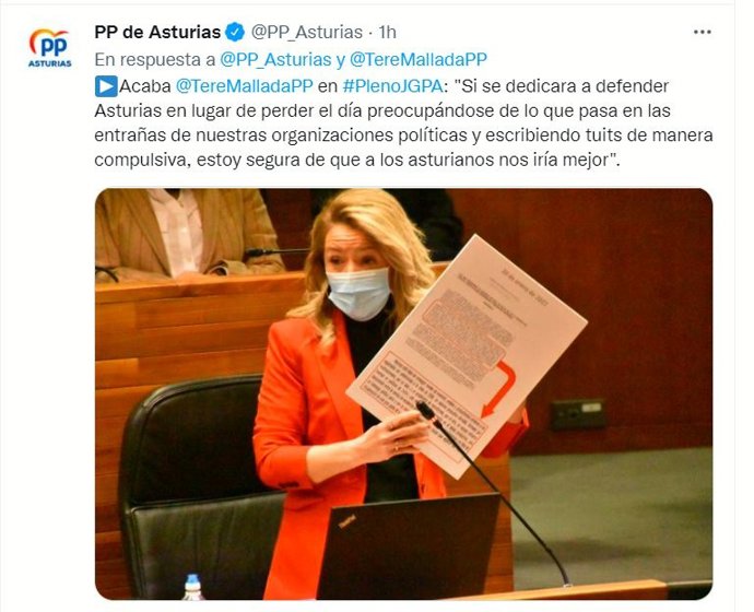 Archivo - Tuit de la portavoz del PP en la Junta General, Teresa Mallada.