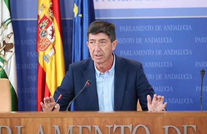 El vicepresidente de la Junta y coordinador de Cs en Andalucía, Juan Marín, este miércoles en rueda de prensa.