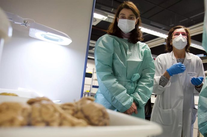 La ministra de Justicia, Pilar Llop (c), observa una bandeja con sesos durante una visita por el Instituto Nacional de Toxicología y Ciencias Forenses (INTCF), en Las Rozas, a 9 de febrero de 2022, en Madrid (España). El INTCF es un órgano técnico adscr