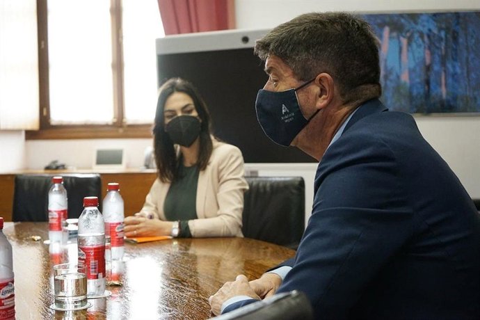 La portavoz parlamentaria de Cs, Teresa Pardo, junto al vicepresidente de la Junta, Juan Marín, este miércoles en una reunión antes de ofrecer una rueda de prensa.