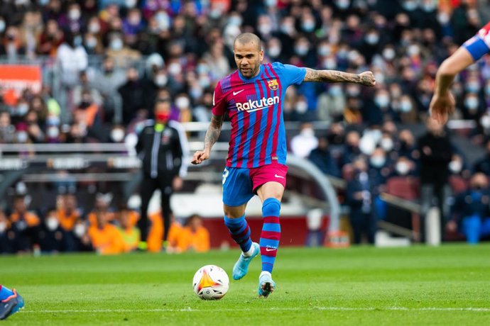 Dani Alves of FC Barcelona in action during La Liga match, football match played between FC Barcelona and Atletico de Madrid at Camp Nou stadium on February 6, 2022, in Barcelona, Spain.
