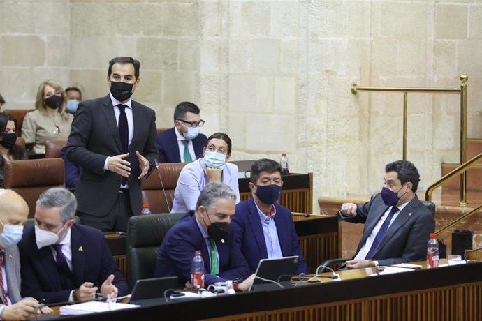 El portavoz del grupo popular en el Parlamento, José Antonio Nieto, de pie, pregunta al presidente de la Junta, Juanma Moreno.